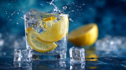 Poster - Refreshing splash of water with lemon slices and ice cubes, perfect for summer drink concepts or cooling beverages