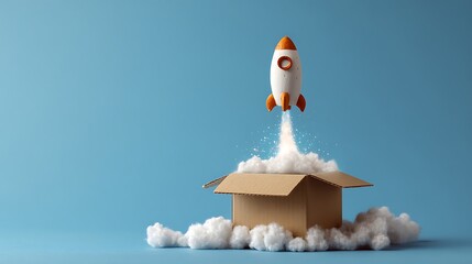 Poster - Rocket taking off from cardboard box on blue background