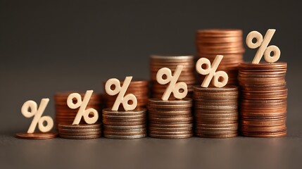 Poster - Stacks of coins and percentage symbol showing idea of interest rates and value appreciation
