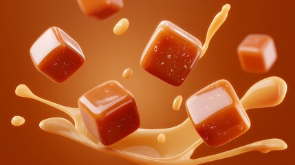 Poster - Tasty caramel candies with sauce background, sweet texture