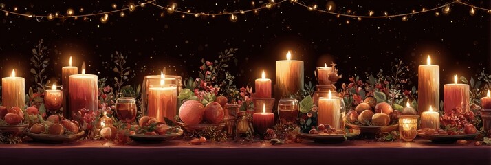 Poster - Festive Table Adorned With Seasonal Candles and Vibrant Decorations in a Warm, Inviting Atmosphere for a Winter Celebration