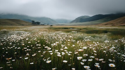 Aufkleber - The landscape of white daisy blooms in a field, with the focus on the setting sun, the grassy meadow is blurred, creating a warm golden hour effect during sunset and sunrise time