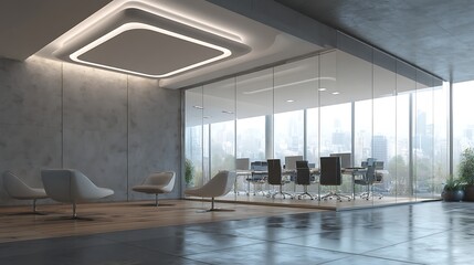 Aufkleber - White square led down lights are installed in an office interior showcasing the modern design and lighting, featuring suspended white square tiles on high ceilings
