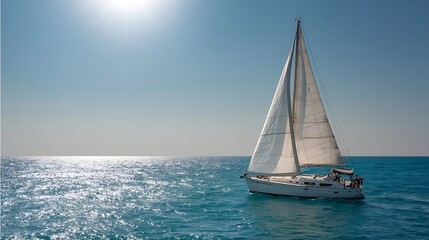 Poster - White yacht sailing on a clear sunny day, close-up view from the deck to the bow and sails, waves and water splashes