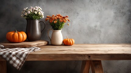Aufkleber - Wood table with copy space in autumn kitchen with pumpkin decorations