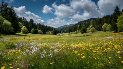 Aufkleber - Wide panorama of a meadow with spring flowers