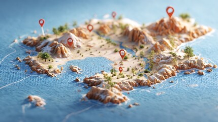 Poster - 3D map travel location, locator mark of map and location pin or navigation icon sign on background with search, 3d rendering