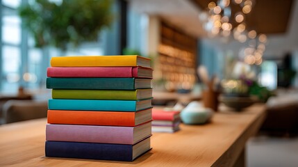 Poster - A colorful stack of books on a wooden table in a modern library, offering a vibrant and organized look at reading materials