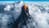 Volcanic peak erupting amidst clouds