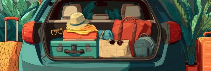 Aufkleber - Weekend Road Trip Packing Scene With a Car Trunk Filled With Bags and Travel Essentials Ready for Adventure in a Sunny Location