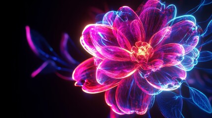 Poster - Glowing neon pink and blue flower with dark background.