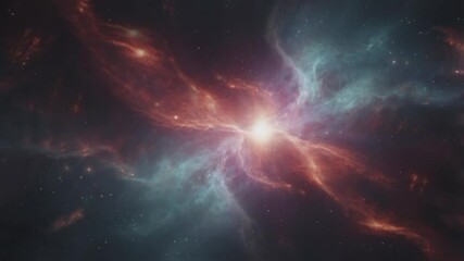 Wall Mural - A stunning space view of a glowing nebula. In the center, there is an intense bright spot, possibly a newborn star or the nucleus of a galaxy, emitting light in all directions.