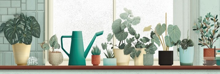 Poster - Indoor Plant Arrangement by Window With Watering Can in Minimal Style Showcasing a Cozy Atmosphere Perfect for Plant Lovers