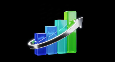 Poster - Growing bar graph with upward arrow symbolizing success on black background