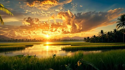 Wall Mural - tranquil sunset over lake surrounded by lush greenery and palm trees in natures serenity