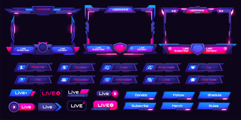 Leinwandbilder - Overlay neon game interface. Screen panel and frames gui asset. Vector set of futuristic, glowing interface panels for streamers, include live, donation, subscribe and chat buttons in blue and pink
