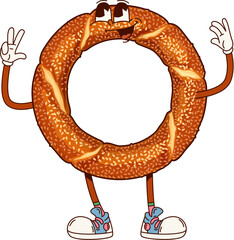 Poster - Fast food groovy Turkish simit character. Turkish cuisine cafe, bakery bread cute funky personage. Istanbul traditional round simit pastry with sesame seeds happy groovy vector character sticker