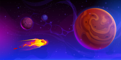 Poster - Alien space planets and flying comet or meteor with fire flames trails at universe galaxy landscape vector background. Cartoon alien space sky with planets, stars and meteor shower of flying comet