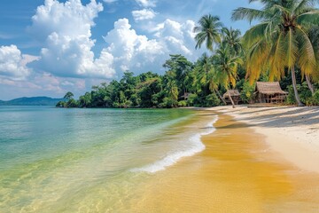 Poster - Clear turquoise waters reflect the vibrant blue sky and fluffy clouds on a serene tropical beach with swaying palm trees during a sunny day in a beach destination