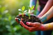 © Vadym - People hands gently hold young plants, concept of making difference, earth day. Community caring, environment protection. Green plants, soil, multi-colored hands, nature background.