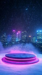 Wall Mural - vertical video winter neon podium with city lights in the background