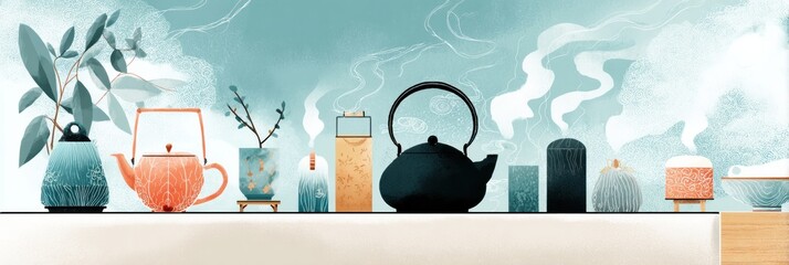Poster - Relaxing Tea Ceremony Setup With Steam and Soothing Colors in a Well-Organized Layout