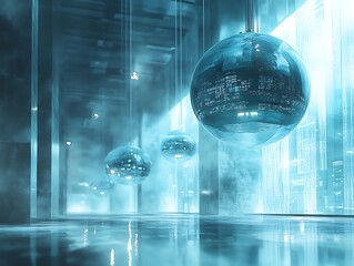 Aufkleber - Futuristic spherical ornaments in a bright architectural minimalist space