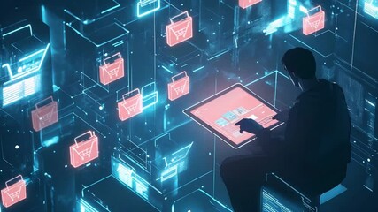 Concept of digital online shopping with a man using a tablet interface for shopping