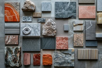 Poster - Collection of various stone samples arranged on a dark surface showcasing natural textures and colors from different types of stone materials used in design