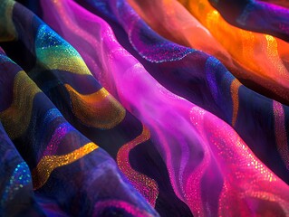 Poster - Abstract waves of translucent fabric displaying a vibrant spectrum of vivid colours