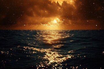 Poster - Vibrant sunrise over calm ocean waters with purple and pink hues reflecting in a serene atmosphere