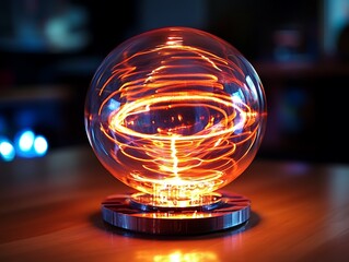 Poster - Abstract luminous sphere with swirling orange light trails on a wooden surface