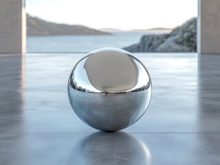 Poster - Sleek chrome sphere reflects coastal landscape in minimalist architectural space