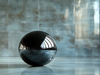 Poster - Reflective orb standing prominently before a textured, metallic-toned panelled wall