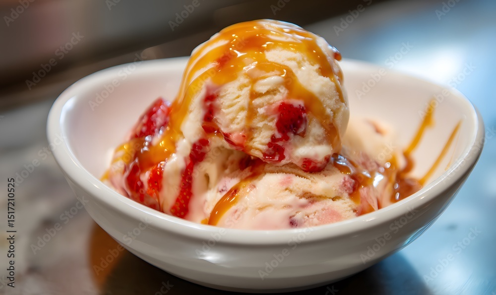 strawberry and vanilla ice cream with a drizzle of caramel sauce on top ...