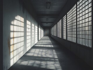 Poster - A long corridor illuminated by sunlight casting shadows of windows on the floor