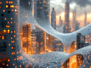 Poster - Futuristic metropolis with illuminated skyscrapers and an ethereal structure