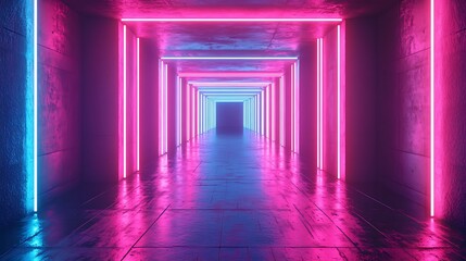 Poster - Neon-lit passageway with vibrant pink and blue hues, creating an immersive and futuristic atmosphere