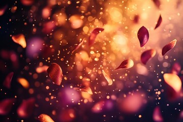 Poster - Colorful petals and glowing particles create a mesmerizing atmosphere during a dreamy celebration at dusk
