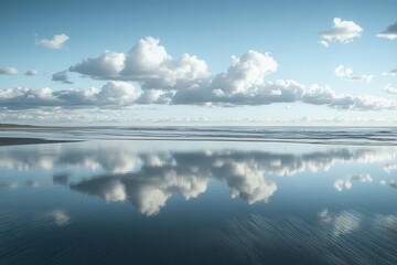 Poster - Cloud reflections create a serene landscape on the calm ocean surface during a tranquil afternoon at the beach
