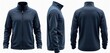 © Vadym - Navy jacket fleece mockup design presentation print. 3D illustration of wear apparel garment. Three views. Zip closure pockets. Casual wear style clothes for cold weather.