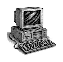 Aufkleber - Engraved Illustration of a Vintage Computer with Monitor Keyboard and Tower