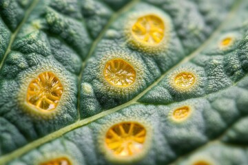 Poster - Close-up view of a leaf displaying yellow spots caused by fungal infection under natural light in a garden setting
