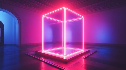 Poster - Illuminated neon cube installation, art space with vibrant pink and blue hues