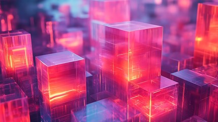 Poster - Abstract translucent cubes with radiant neon glow create a futuristic landscape