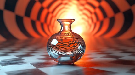 Aufkleber - Glass vase in an abstract tunnel with checkered pattern and warm light source