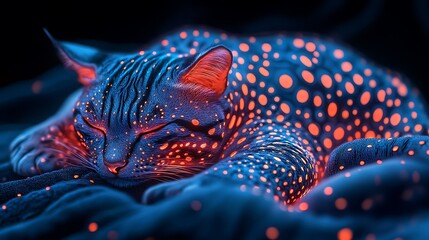 Poster - Surreal slumber: A glowing feline dreams in cosmic blue and fiery orange hues