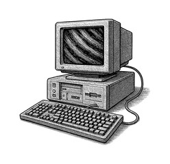 Aufkleber - Vintage Computer Setup with Monitor, Keyboard, and Tower in Detailed Black and White Engraving