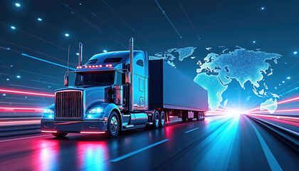 Poster - illustration modern truck speeding on highway representing global logistics. digital world map, glow