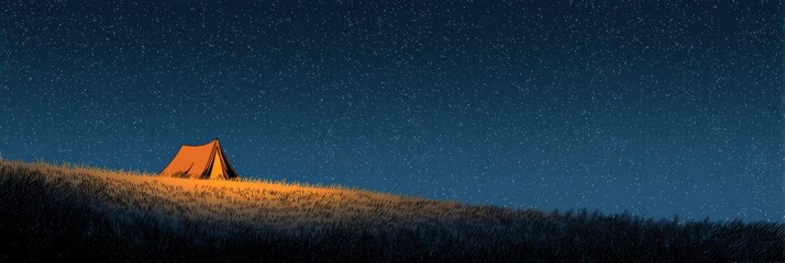 Poster - Camping Under a Starry Sky at Night With a Glowing Tent Set on a Grassy Hill